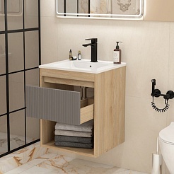 Teymi Тумба с раковиной Vitra 50 Волна подвесная дуб/графит – фотография-5