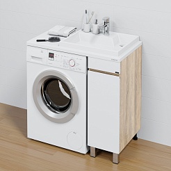 СанТа Мебель для ванной под стиральную машину Марс 90 R с зеркальным шкафом Стандарт 90 белая/янтарное дерево – фотография-3