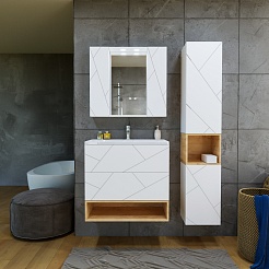 Бриклаер Мебель для ванной Кристалл 80 с нишей с зеркалом со шкафчиками белая/дуб бунратти – фотография-2